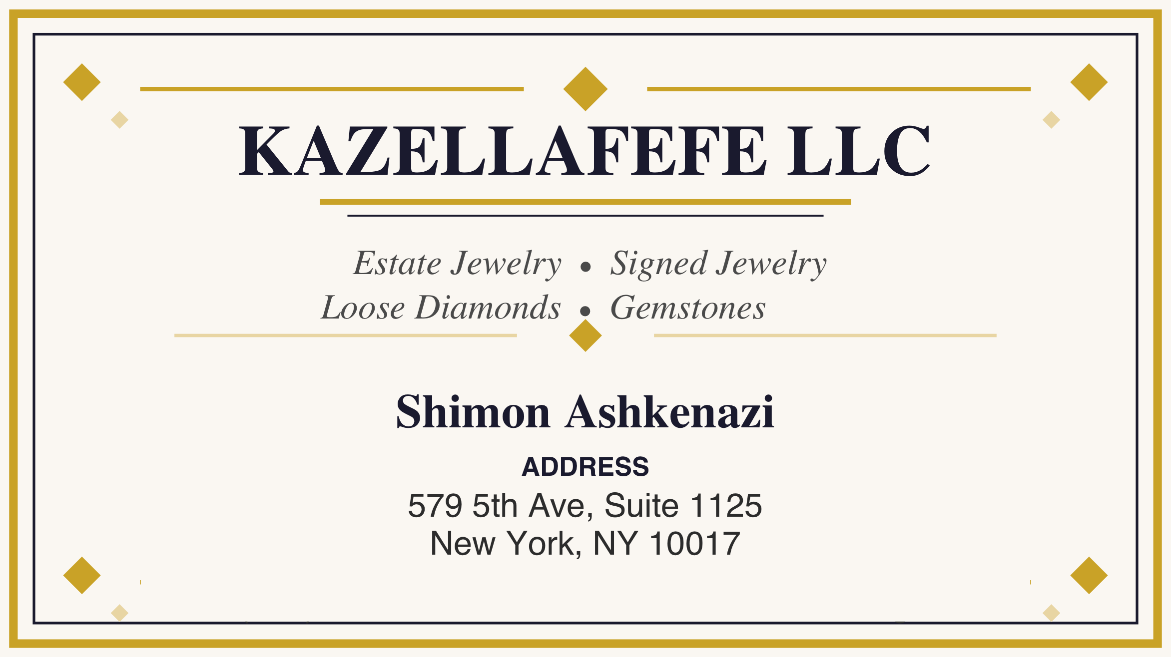 Kazellafefe LLC business card. Shimon Ashkenazi, 579 5th Ave, Suite 1125, New York, NY 10017.